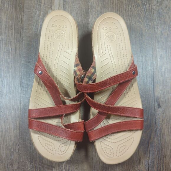 Crocs A-Leigh Red Leather Cork Wedge Women's Size 11 Sandals Comfort Shoes - Picture 6 of 14
